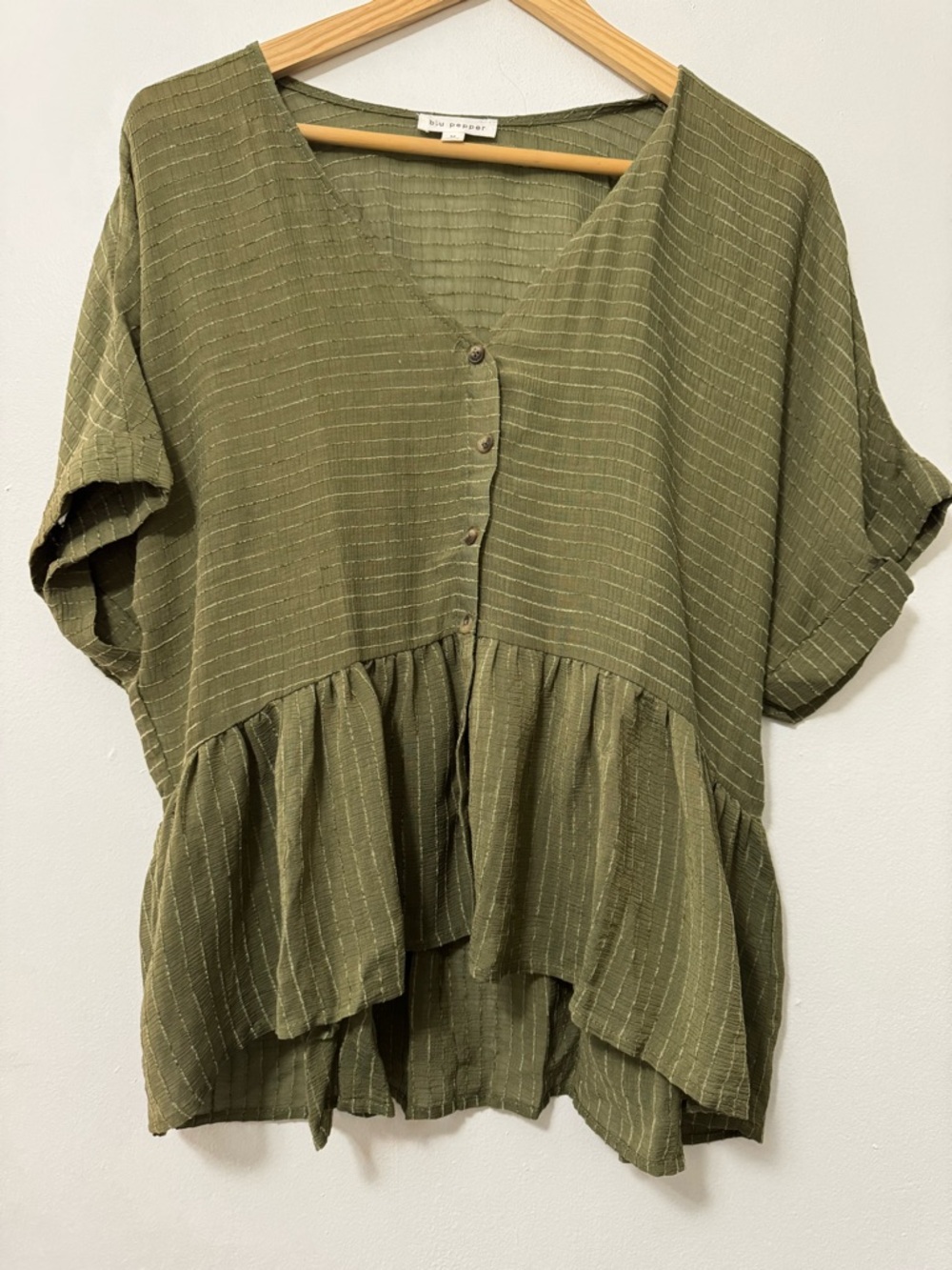 Blu Pepper Olive Green Peplum V-Neck Button Top